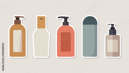 An assortment of five cosmetic bottles varying in color and size displayed against a neutral background high-quality professional detailed modern