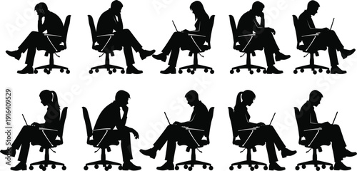 Office Worker Silhouette Set with People Using Laptop and Sitting on Chair for Business, Remote Work, Freelance and Workplace Concept Design