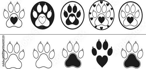 Pet Love Icon Set Featuring Dog and Cat Paw Prints with Heart Symbols for Animal Rescue, Veterinary Branding, Grooming Services, and Adoption Awareness Campaigns