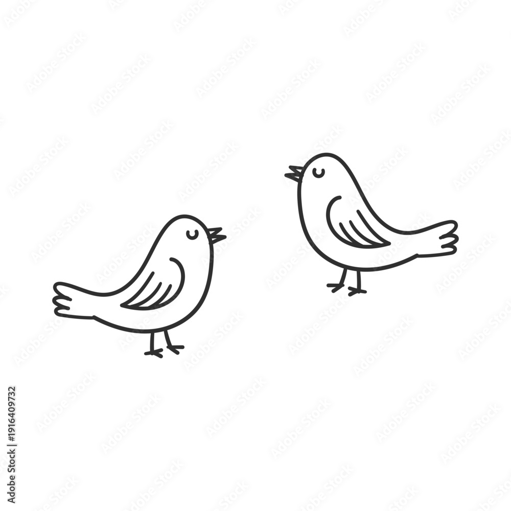 Obraz premium Two cute cartoon birds standing on ground in black outline