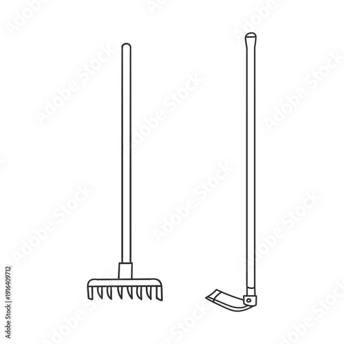 Two gardening tools, a rake and hoe, for yard work and landscaping