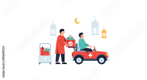 A doctor hands over medical supplies to a driver in an ambulance car during a nighttime rescue mission.