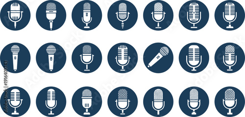 Professional Vintage Microphone Icon Set with Retro Studio Mics for Podcast, Radio Broadcast, Live Music Recording, Karaoke, and Media Communication Interface Designs