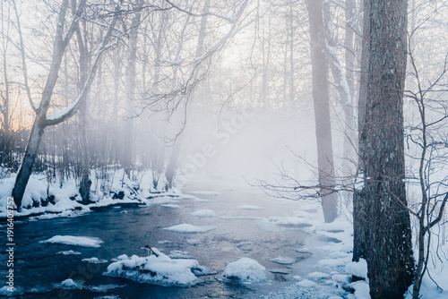Misty winter forest river with snow and ice at dawn, tranquil Nordic nature scene