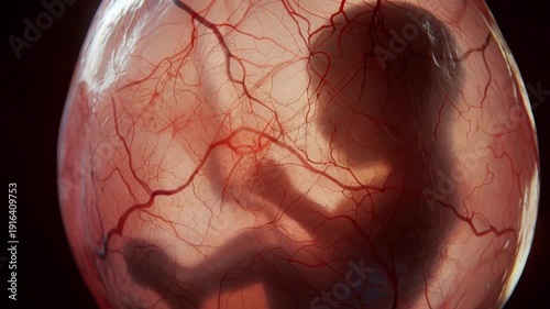 Human fetus moving and developing inside the womb, seen through amniotic sac with visible blood vessels