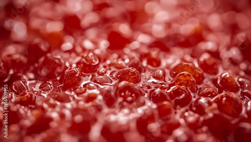 Close-up macro shot of glistening red berries, possibly cranberries or currants, in a jam or preserves texture
