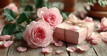 Pink roses and pink gift box on wooden table with rose petals flat lay composition wide angle copy space romantic soft atmosphere ideal for Valentine's Mother's Day cards social media posts gift 