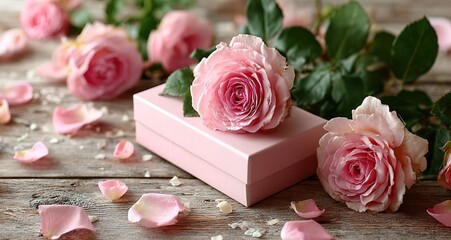 Pink roses and pink gift box on wooden table with rose petals scattered wide-angle top-down view ample copy space romantic soft atmosphere ideal for Valentine's Mother's Day cards social media posts