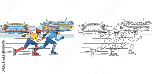 Speed skaters racing on ice track in stadium vector illustration. Winter sports competition. Set of colored and outline version for coloring book or page design.