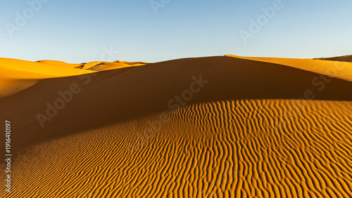 Golden sand dunes under a clear blue sky, with textured patterns created by the wind. Mezouga,Sahara desert,Morocco