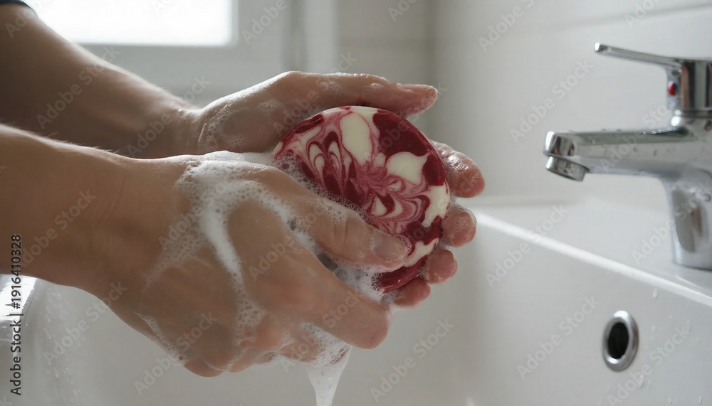 Fototapeta premium Natural hygiene and sanitation with handmade antiseptic soap bar. Handmade soap. hand washing. lathering hands with a natural bar of herbal soap. scented soap with essential oils. hygiene product. 