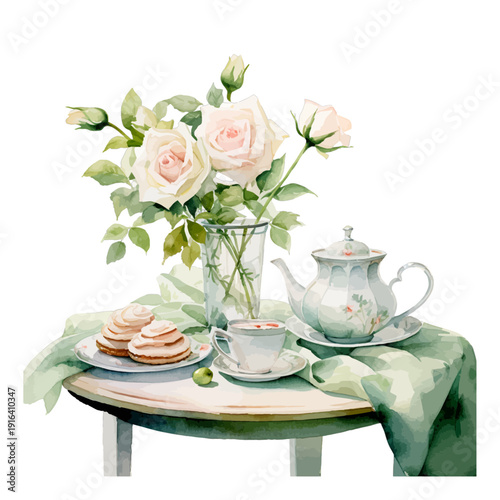 Watercolor Illustration of a High Tea Setting with Porcelain Teapot, Cookies, and Pink Roses