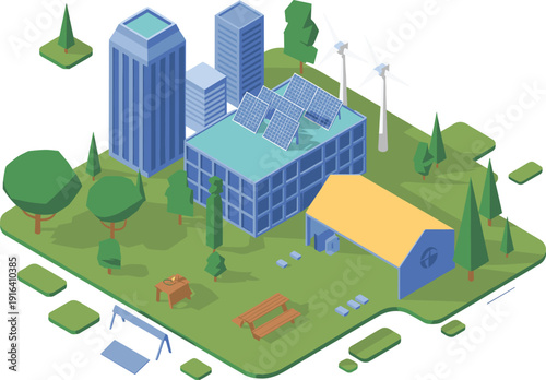 Isometric eco city scene with solar panels wind turbines and green buildings, sustainable urban landscape renewable energy illustration