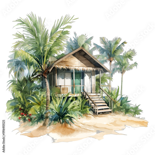 Watercolor Illustration of a Tropical Beach Hut with Thatched Roof and Palm Trees