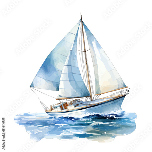 Watercolor Illustration of a Classic Sailboat Yacht Cruising on Deep Blue Ocean Water