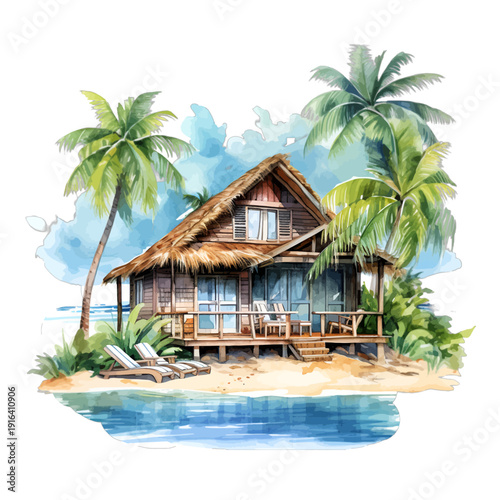Watercolor Tropical Beach Hut with Palm Trees and Ocean View on Sandy Shore