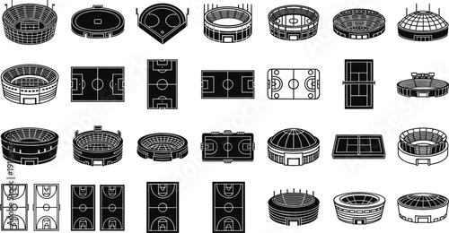 Sports stadium and arena top view icons set including football basketball and soccer fields