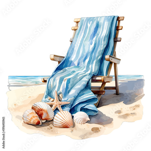 Watercolor Beach Chair with Blue Striped Towel Sea Shells and Starfish on Sand