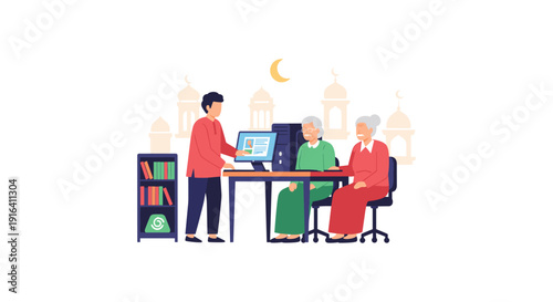 A young man in a red shirt helps an elderly couple use a computer in a modern office setting at night, with a city skyline in the background.