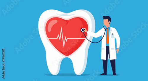Vector illustration of a dentist checking a tooth with a heart symbol and heartbeat, representing dental health