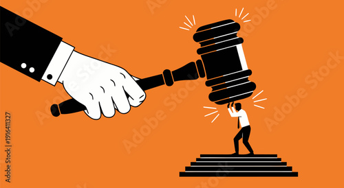 A small person crushed under a judge's gavel, a vector illustration representing legal power and justice