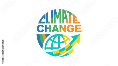 Climate change logo with globe and upward arrow in colorful design  