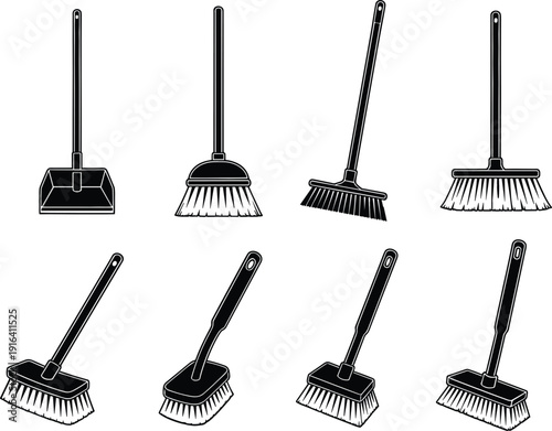 Broom and cleaning brush silhouettes set household sweeping tools vector illustration collection