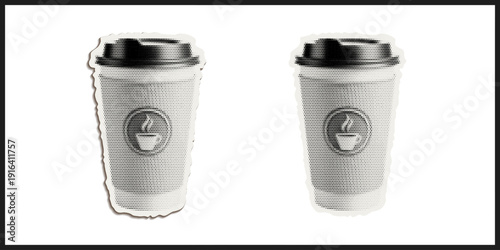 Halftone pop art vector two paper coffee cups side by side sticker style close up top view with black lid textured retro minimalist grunge bold