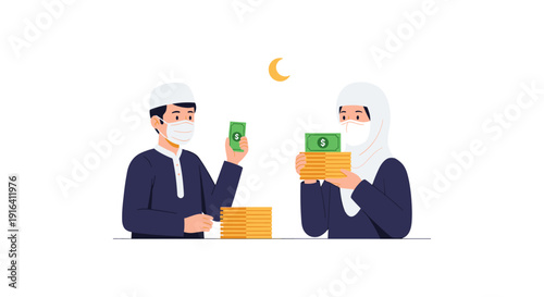 Illustration of a Muslim man and woman exchanging stacks of money under the crescent moon, symbolizing financial transactions during Ramadan.