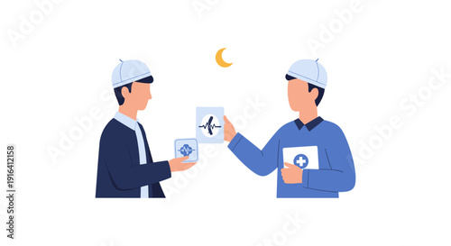 Illustration of two workers in hard hats exchanging papers under a crescent moon, symbolizing night shift collaboration.