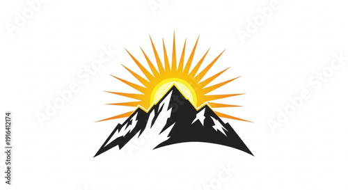 Sunrise over majestic snow-capped mountains with vibrant orange sunburst