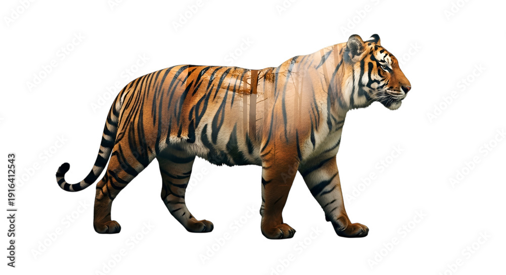 Obraz premium A majestic tiger strides forward, its body merging with a serene forest in double exposure art.