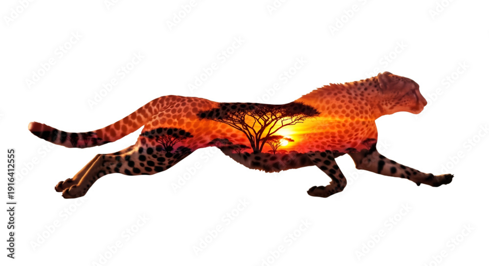 Naklejka premium A running cheetah silhouette filled with a beautiful sunset scene with silhouetted savanna trees
