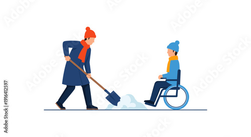 Illustration of a man shoveling snow to help a disabled person in a wheelchair, showcasing kindness and winter assistance.