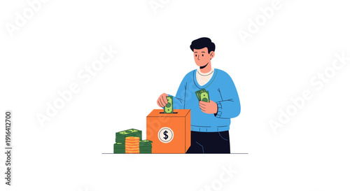 Illustration of a man putting cash into a piggy bank with stacks of money nearby, symbolizing savings and financial security.