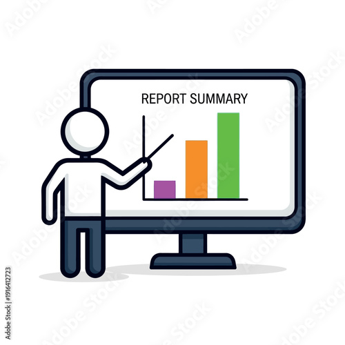 Person Presenting Report Summary on Computer Screen.