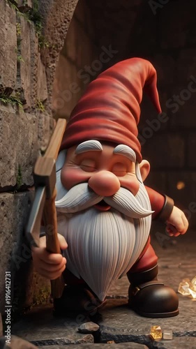 A cute cartoon gnome with a pickaxe and diamonds in a dungeon