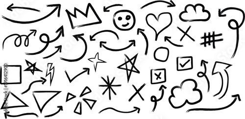 A collection of hand drawn doodles and symbols