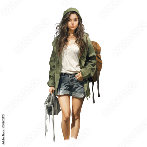 Watercolor Young Woman Traveler with Backpack and Green Jacket Walking Isolated on White