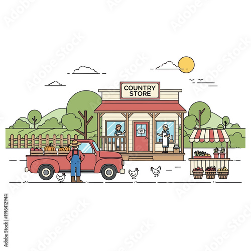 Farmer Unloading Produce from Red Pickup Truck.