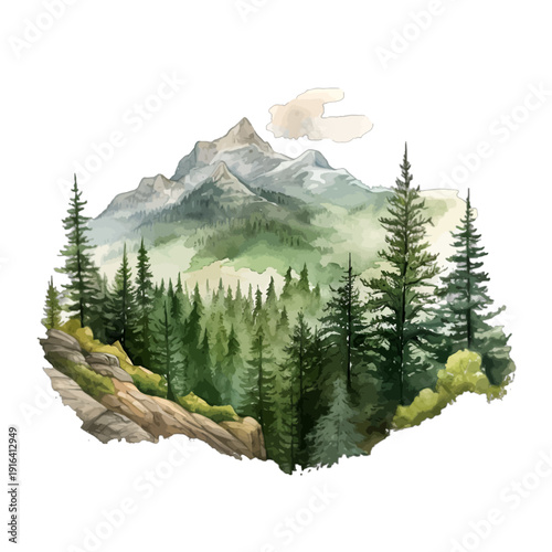 Watercolor Rocky Mountain Landscape with Dense Evergreen Pine Forest Isolated on White