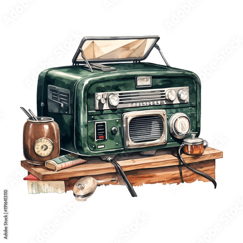 Watercolor Vintage Green Radio on Wooden Shelf with Antique Clock and Books