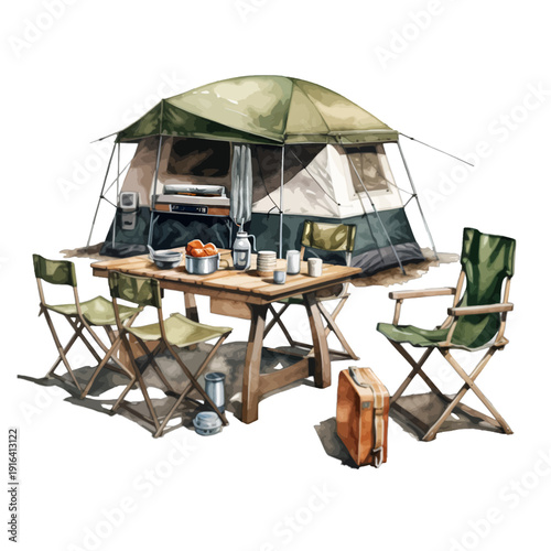 Watercolor Camping Campsite Scene with Large Green Dome Tent and Picnic Table Set
