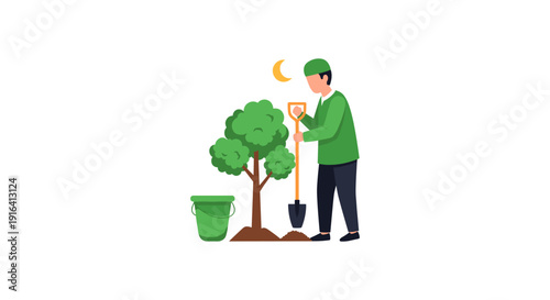 Illustration of a man in green planting a tree under the moonlight with a shovel and bucket nearby.