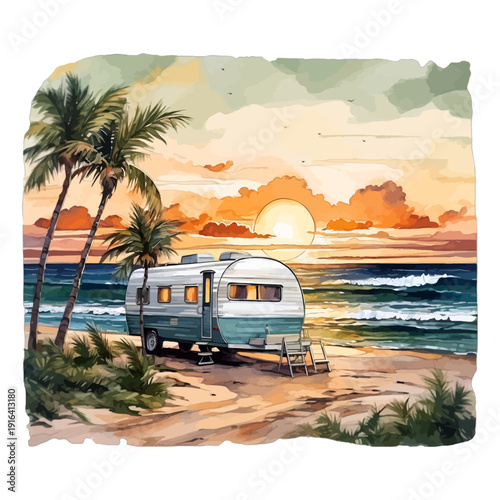 Retro Travel Trailer on Tropical Beach at Sunset with Palm Trees and Ocean Waves