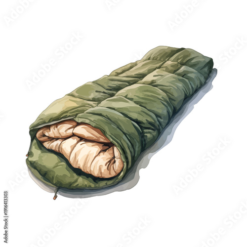 Watercolor Illustration of an Open Green Puffy Sleeping Bag Isolated on White