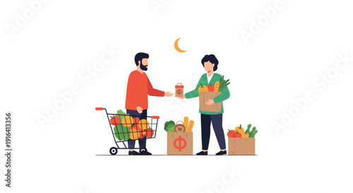 Illustration of two men exchanging groceries from shopping cart and bags under a crescent moon, symbolizing community and nighttime delivery.
