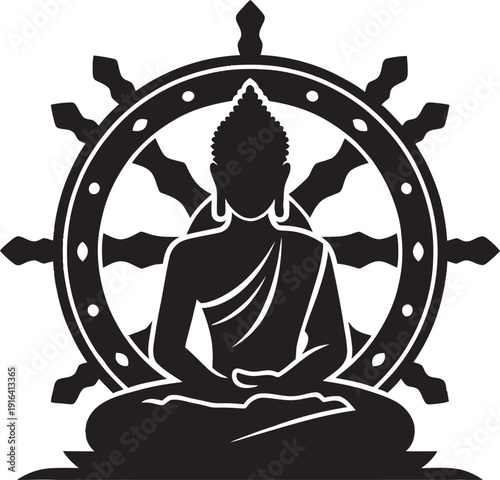 Serene vector illustration meditating Buddha silhouette seated lotus pedestal spiritual zen peace yoga Buddhism.