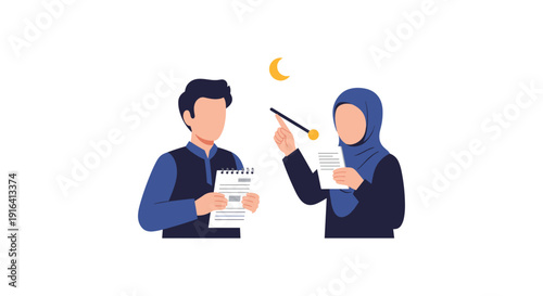 Illustration of a man and woman in hijab working together with notebooks and pen, symbolizing teamwork and collaboration.