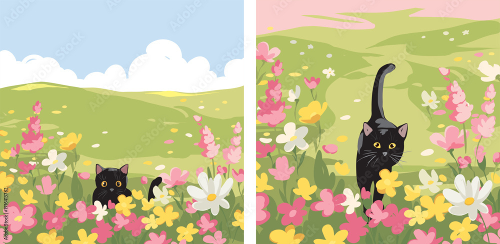 Fototapeta premium Set spring landscape with flower meadow and black cat. Vector illustration in watercolor style. Hand drawn author's drawing.